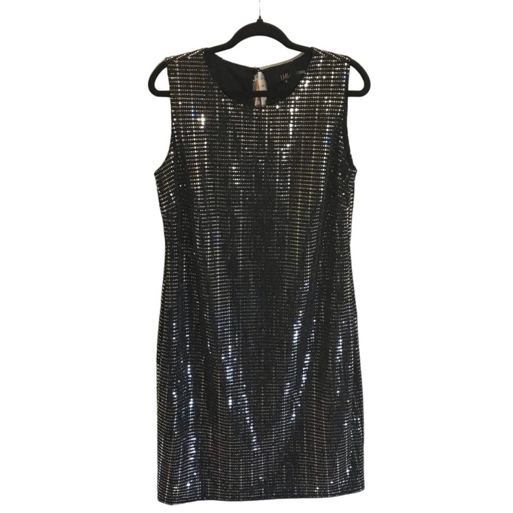 👗NWT I LE NY Black & Silver Gun Metal Sequence Cocktail Evening Dress Size 10